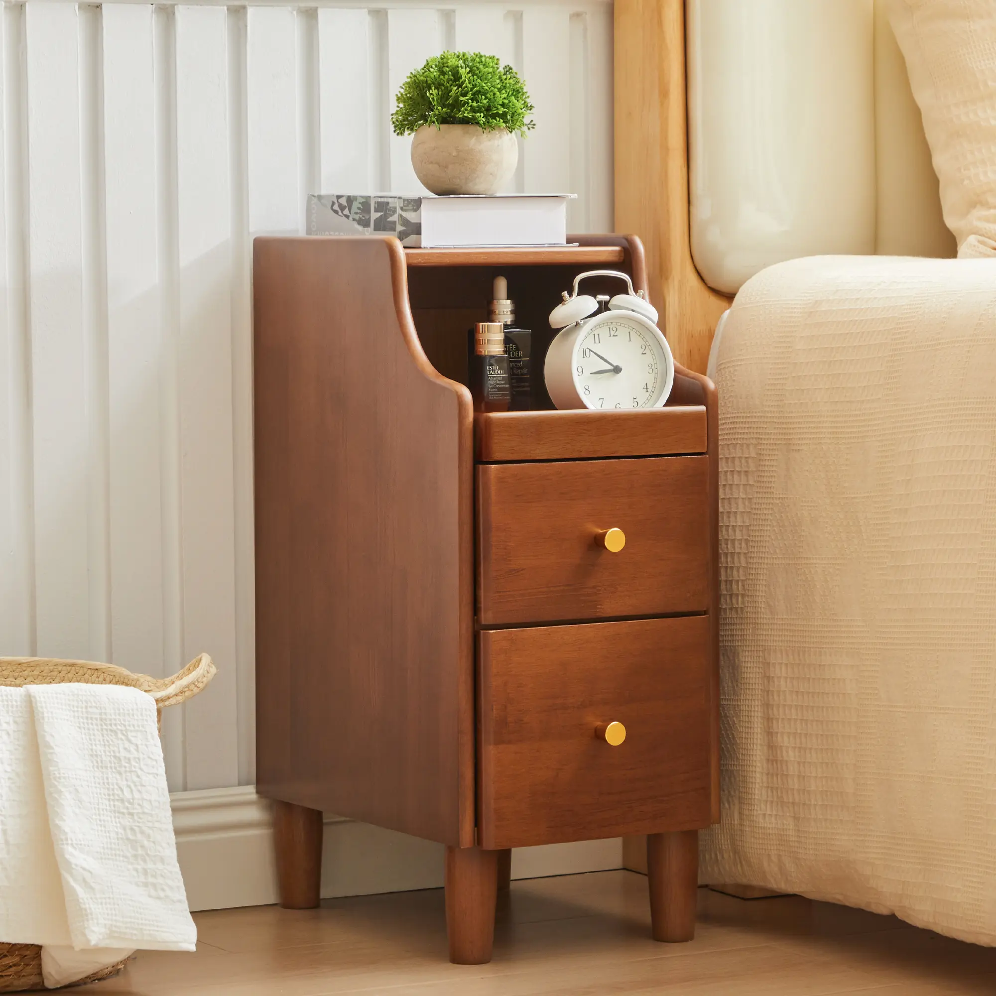 Giratree Elegant Small Solid Wood Nightstand - No MDF with 2 Drawers, Mid Century Bedside Table with Slide Out Shelf, Narrow End Table with Storage for Bedroom, Living Room