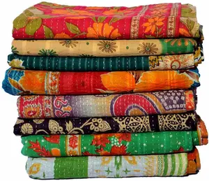 2 Pieces Set Indian Handmade Quilt Vintage Bedspreads,Throws Wholesale Lot Kantha Reversible Bedding Bedcover Bedspread Throw Cotton Blanket Gudari,Multicolor,Twin