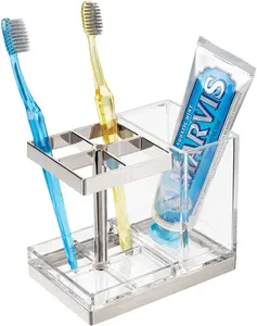 Plastic Toothbrush and Toothpaste Storage Organizer Holder - Home Decor for Bathroom Countertop - Holds Toiletries and Beauty Accessories - Lumiere Collection - White/Chrome