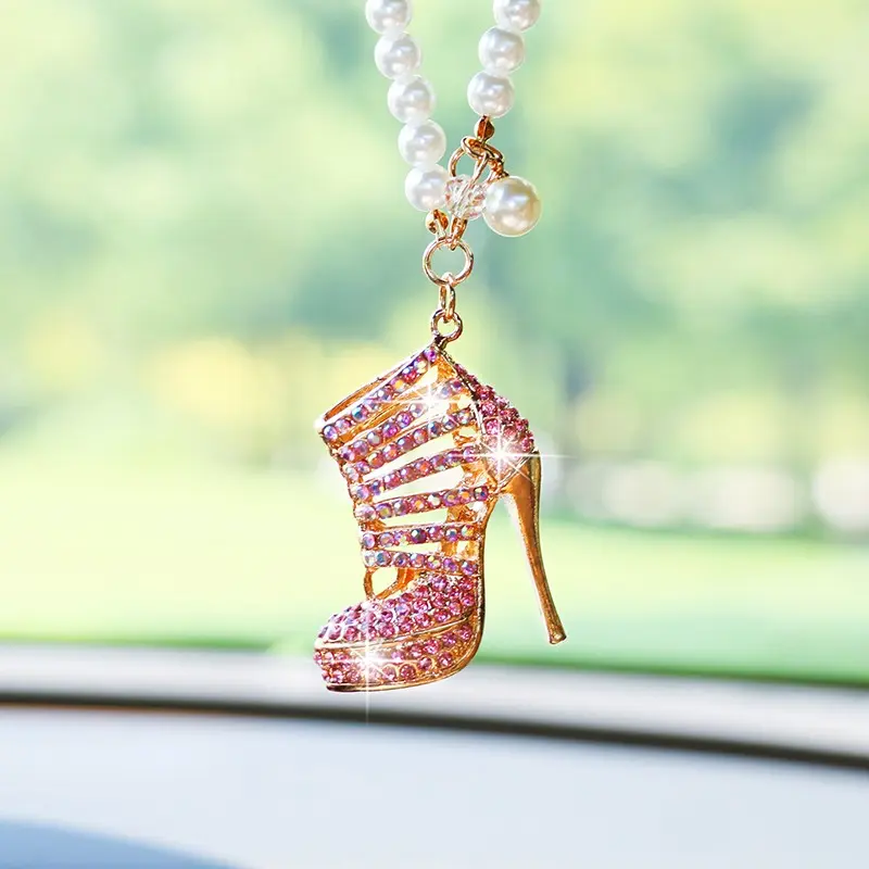 Fashion Rhinestone High Heel Car Ornament, Creative Elegant Shoe Rearview Mirror Hanging Decoration Gift, Stylish Car Accessories, Aesthetic Car Accessory, Car Interior Accessory, Car Trinkets, Bling Car Accessories, Car Decorations