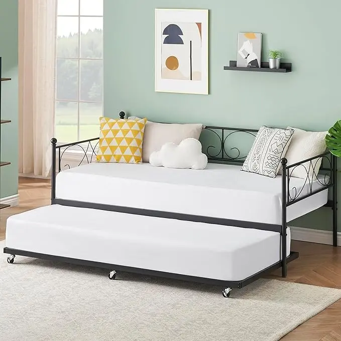 Metal Convertible Futon Couch Daybed with Heavy Castors, Metal Slats, Platform Base, Headboard and Footboard – Suitable for Bedroom, Living Room