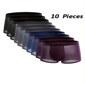 10pcs Men's Breathable Mesh Boxer Briefs - Comfortable & Stretchy Polyester Blend, Semi-Sheer with Elastic Waistband, Assorted Colors, Hand Washable