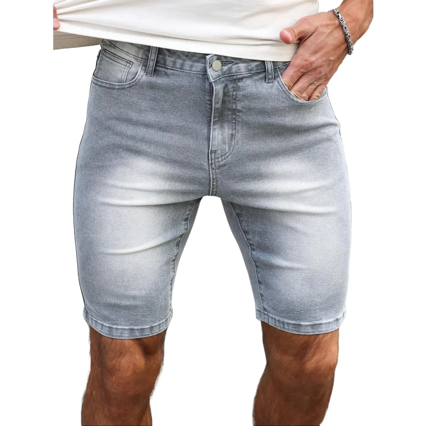 Men's Slim Tapered Denim Shorts in Vintage Washed Charcoal, Athletic Woven Stretch Jeans with Button and Zip Fly for a Summer Party