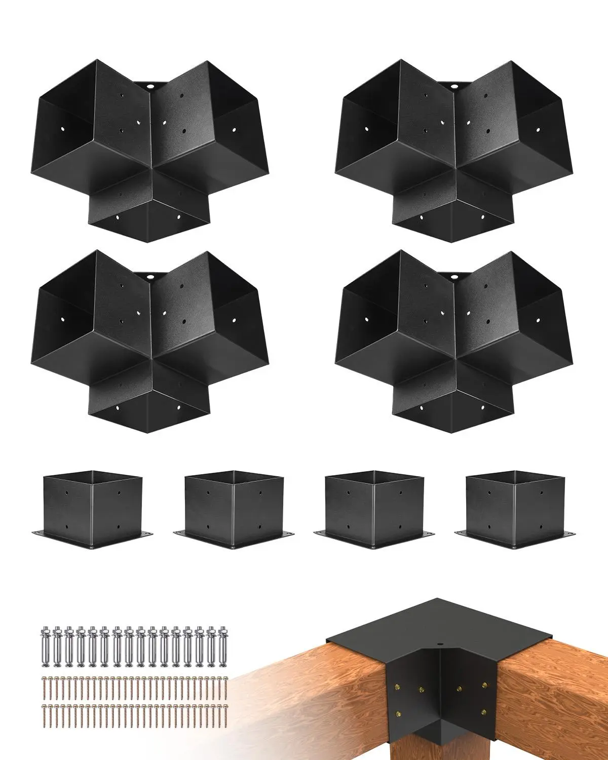 VEVOR 4 x 3-Way Heavy Duty Fastening Metal Corner Brackets, 5.5in Inner Size, Built-In Holes, Corrosion Resistant, Mounting Post Base Brackets Kit with Stainless Screws for Gazebos, Woodworks DIY