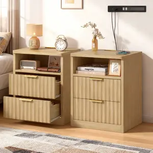 Set of 2 Farmhouse Fluted Stylish Bedside Tables with Charging Station & LED Light, Modern French Country Indoor Furniture for Small Spaces Bedroom, Stylish Bedside Table