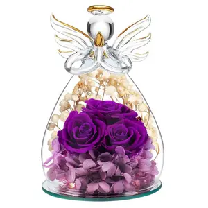 Preserved Real Rose in Glass Angel Figurine for Mom Grandma Wife Sister Eternal Rose Flower Gifts for Christmas Birthday Valentine Mother's Day Decorative Warm Decoration