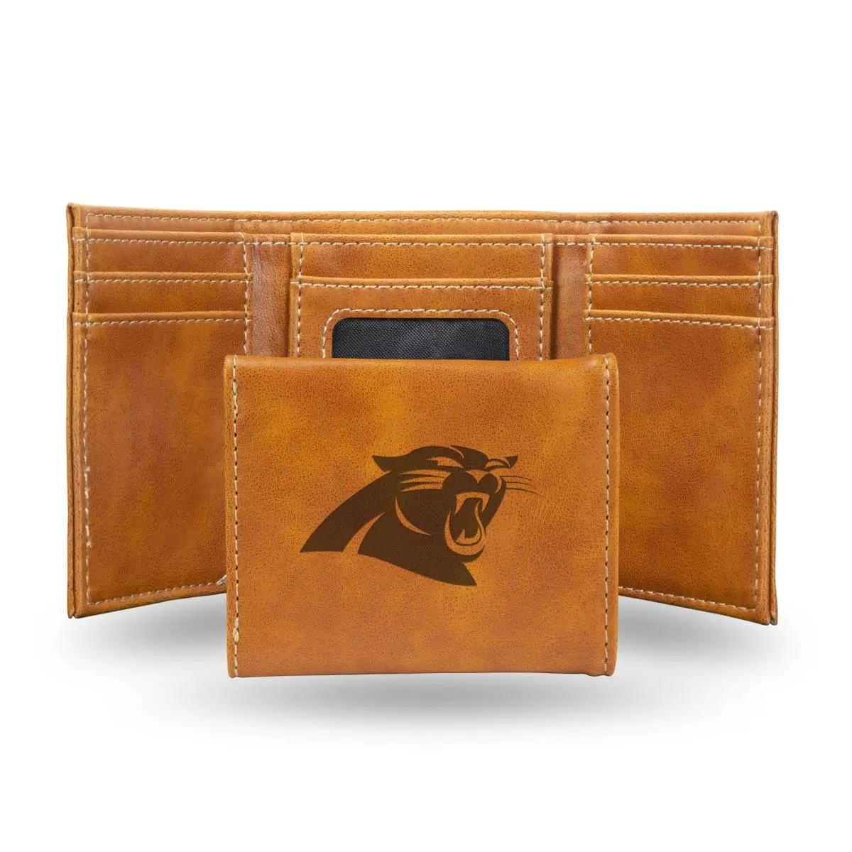 Rico Industries Men's Brown Faux Leather Wallet with Laser-Engraved Carolina Panthers Logo, Multi-function Card Holder, Collectible NFL Accessory