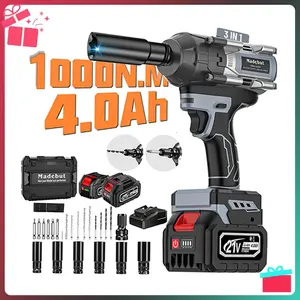 1000N.m Cordless Impact Wrench, All-Metal Cordless Impact Gun with 2 * 4.0Mah, 3-IN-1 Electric Impact Wrench with 5 Sleeves, High Torque 1/2 Impact Wrench
