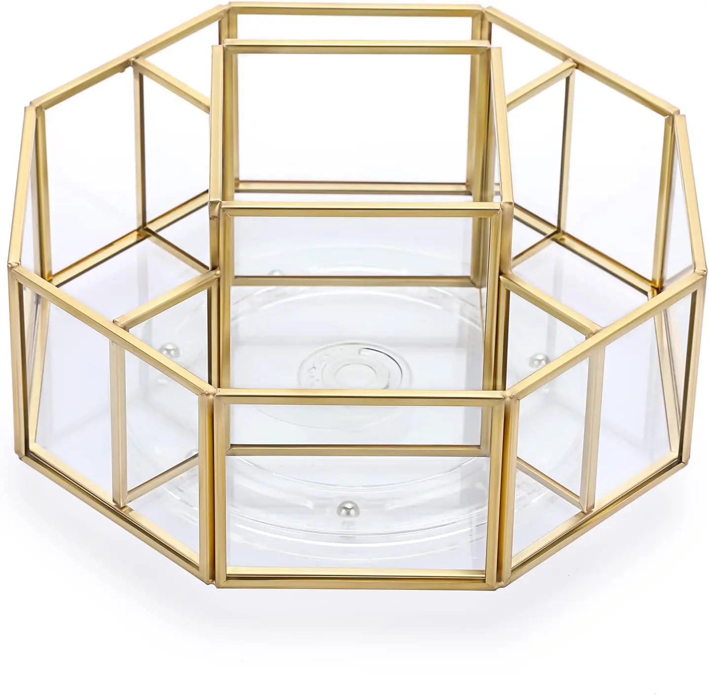 5-Slot Transparent Glass Makeup Organizer - Metal 360-Rotating 5-Trays 8.4" x 8.4" x 4.2" Octagon Vanity Holder, Synthetic Dresser Storage for Brushes, Lipsticks, Perfume, Ideal Wedding/Anniversary Gifts