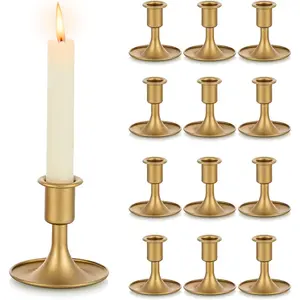 Gold Taper Candle Holder Set of 12,  Short Skinny Brass Candlestick Holders, Vintage Small Low Metal Candles Sticks for Wedding Centerpieces Christmas Birthday Party Holiday Dinning Table Decor