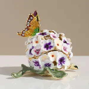 Decorative Floral Jewelry Box with Butterfly, Enamel Hydrangea Design, Purple and White Flowers, Trinket Box Storage