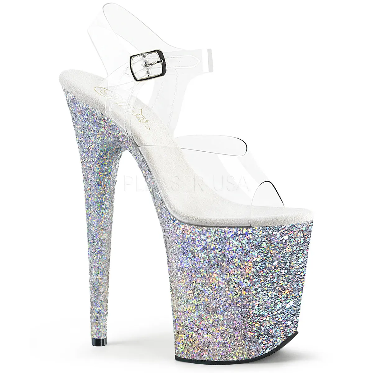 Women's Fashion High Heeled Footwear - 8-in Stiletto Heels, 4-in Silver Glitter Platform, Open Toe Sandals with Adjustable Transparent Ankle Strap