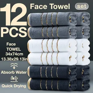 12-Piece Ultra-Soft Luxury Striped Gold Thread Coral Fleece Towel Set, Quick-Dry Absorbent Bathroom Towels, Perfect for Home Hotel Spa Use, Premium Towel Set, Striped Pattern Towel, Quick Drying Towel