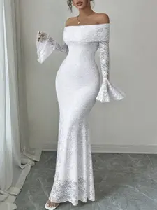 Women's One Shoulder Flare Sleeve Bodycon Long Dress, Lace Mermaid Tail Skirt, Long Sleeve, Elegant Party Wear, Summer Fashion