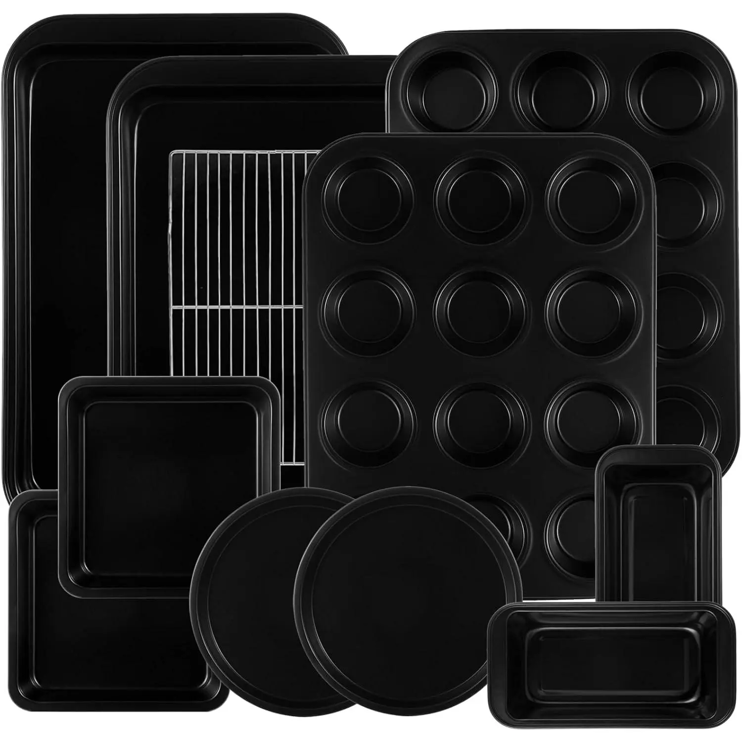 11-Piece Nonstick Carbon Steel Bakeware Set - Professional Grade Heat Resistant Kitchen Baking Pans with Premium Coating, Dishwasher Safe, Stackable, Oven Safe to 450°F (Black)