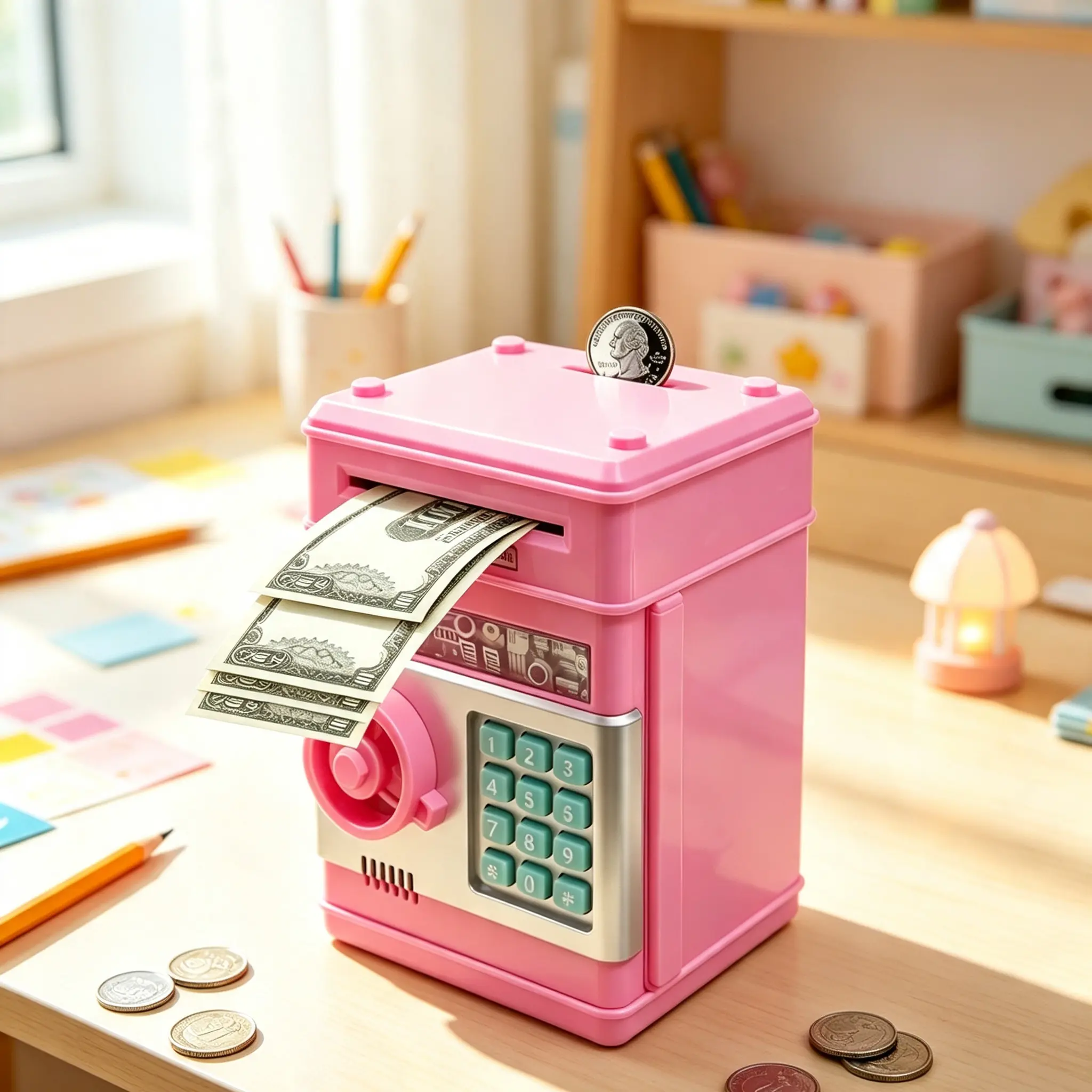 Stylish Mini Electronic ATM Piggy Bank for Kids and Teenagers, Security Code Lock Money Jar with Automatic Bill Rolling Function, Coin Cash Dual Use Savings Toy, Gift for Boys Girls Aged 3 to 13 for Birthday and Christmas Holiday.memorial gift