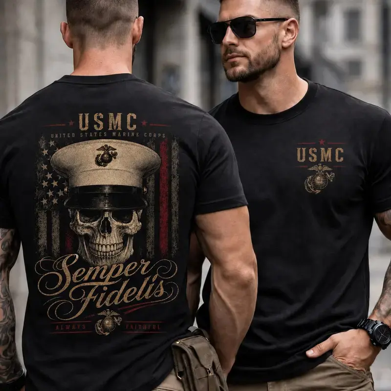 USMC Semper Fidelis Skull Shirt, United States Marine Corps Veteran Graphic Tee, Marine Military T-Shirt, Patriotic USMC Gift for Marines, Eagle Globe Anchor Apparel