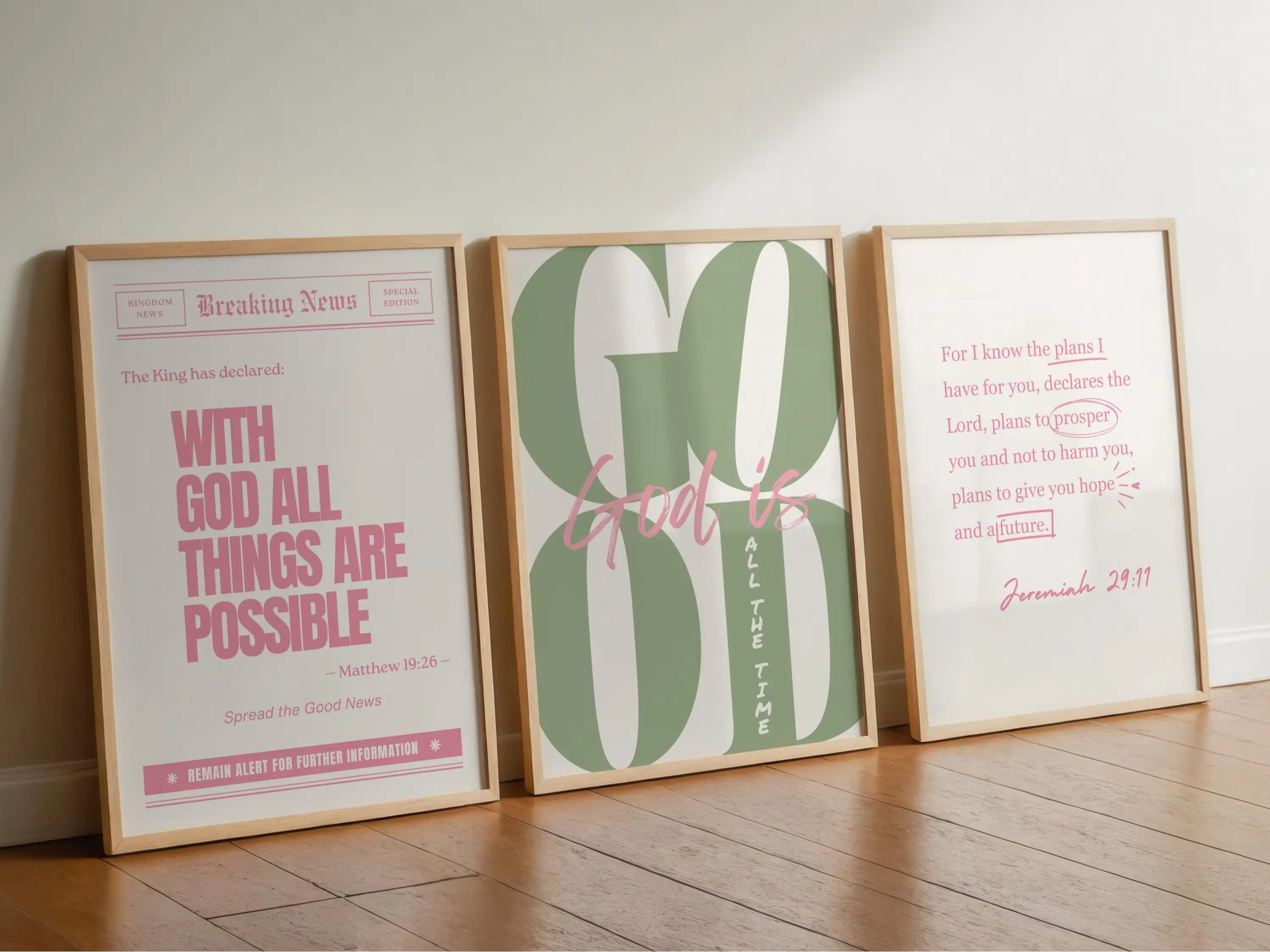 Set of 3 Poster Unframed Pink Sage Green Girly Christian  God is Good All The Time Print Jeremiah 29 11 Wall Art With God all Things Are Possible LAURIE