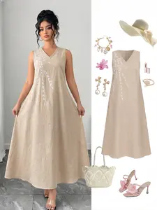 Women's Elegant Sleeveless V-Neck Embroidered Dress, Long Plain Design, Perfect for Vacation, Travel, and Daily Wear