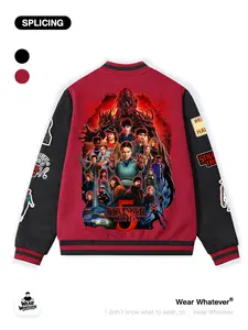 Stranger Things Graphic Print Baseball Jacket, Casual Fitted Soft Warm Breathable Long Sleeve Menswear Top, Suitable for Outdoor and Home Wear