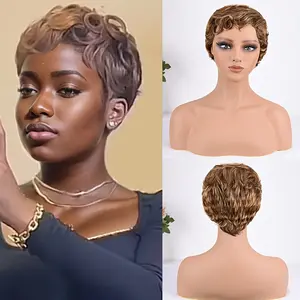 Human Hair Pixie Cut Wig - Honey Blonde with Brown Highlights, Body Wave Natural Texture, Layered Short Wigs for, 180% Density Rose Net Cap, Elegant Style for All Ethnicities, Fashion Accessory, Natural Looking Hairpiece