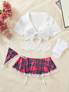 Women's Tie Collar Backless Crop Top & Plain Thong & Plaid Print Contrast Lace Trim Skirt Sexy Lingerie Set, Sexy Sheer Mesh School Girl Costume, Women's Lingerie & Underwear, sexy，college pjs，rave outfit，lenceria sexi mujer，sneaky lingerie，whimsy clothin