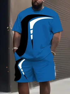 Men's Casual Short Sleeve Tee Set, Blue Geometric Pattern, Loose-Fit Knee-Length Top & Shorts, Trendy Two-Piece