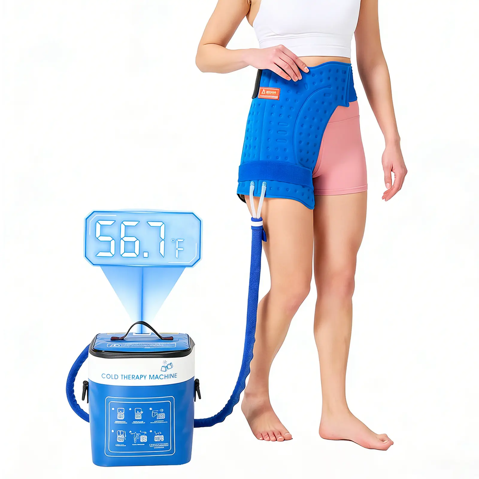 Body Care Ice Machine for Adults' Acute Hip Injury Cold Compress Care, 110-120V TPU Cryotherapy Device with Ice Wrap Pad, Programmable Timer, Pressure Regulator, 3-Level Water Flow, Adjustable Waist & Thigh Straps