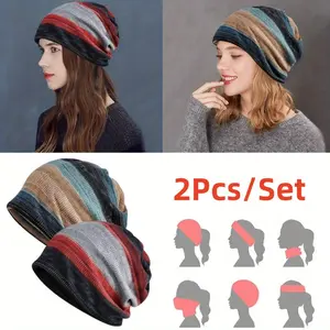 Women's 2-Piece Cotton Slouchy Beanie Hats - Breathable Knit Open-Top Dual-Use Cap, Stretchable Fit All-Seasons Sports & Outdoor Headwear for Daily Wear, Travel,summerwins