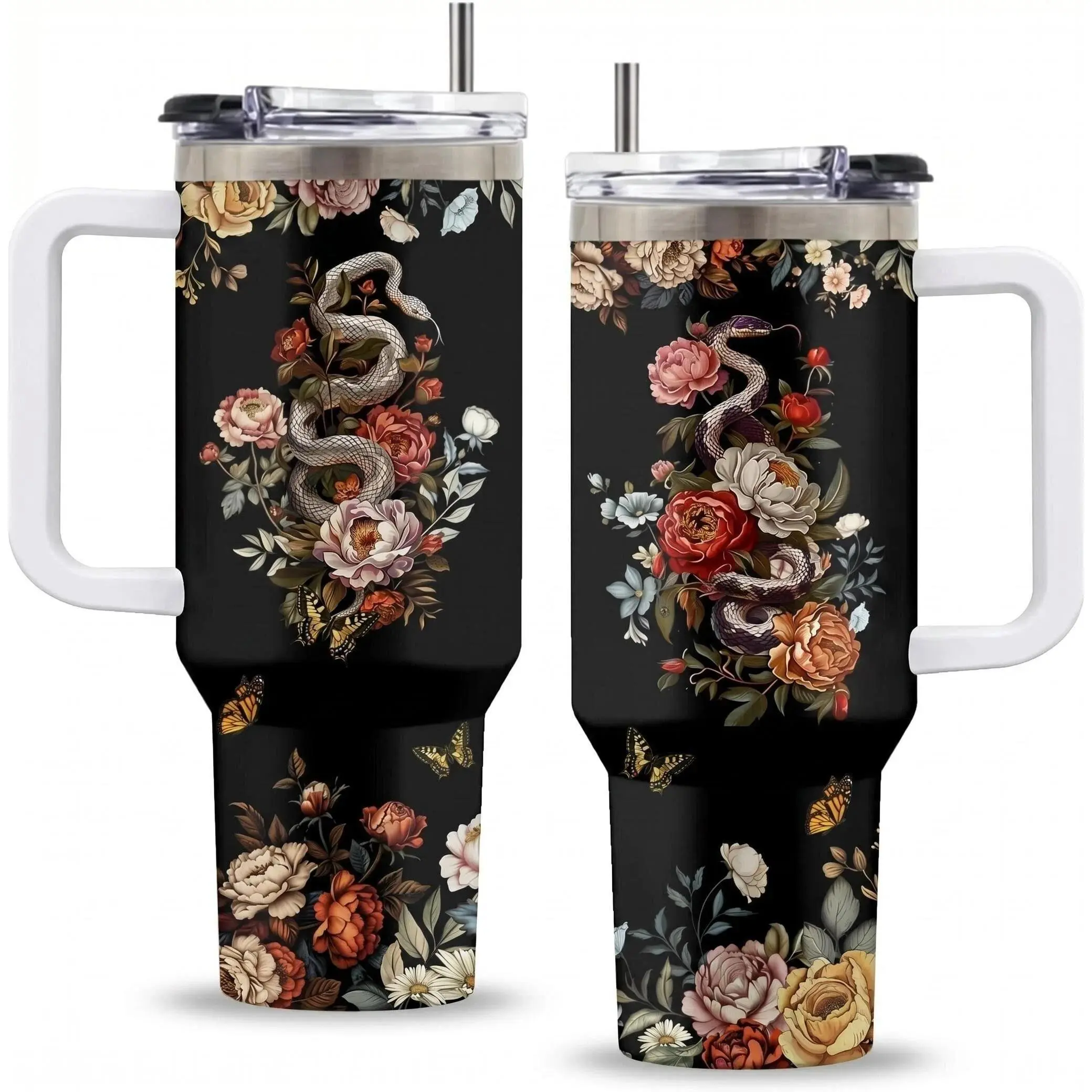 Goth Gifts for Women, 40 Oz Flower of Darkness Tumbler with Handle & Straw, Goth Water Bottle, Thanksgiving Birthday Gift Birthday Gift for Goths Lover Snake Lovers, Goths Tumbler, 1 PCS