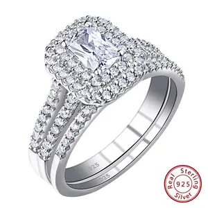 Solid 925 Silver Wedding Jewelry Double Halo Radiant Cut Engagement Bridal Rings for Women White AAAAA Cubic Zirconia  #Love Story