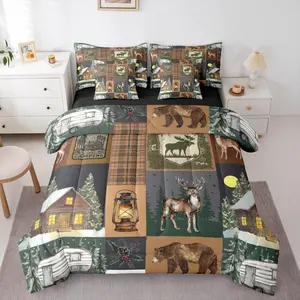 Feelyou 7-Piece Bed Comforter Set, Rustic Farmhouse Bedding with Vintage Barn Woodland Animal (Bear, Moose) Prints for Kids Cabin Retro Decor