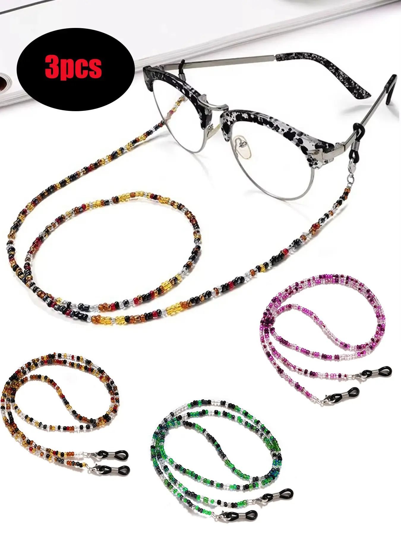 3pcs Colorful Beaded Glasses Chain, Anti-Lost Eyewear Retainer Lanyard, Stylish Boho Eyeglass Strap Holder for Women, Style, Beach, Sunglasses & Reading Glasses