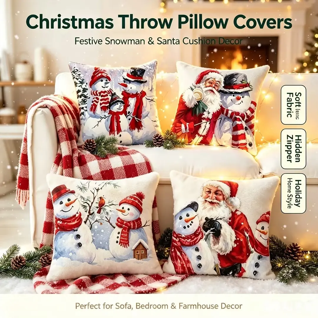 4PCS Christmas Pillow Covers Set, Cozy Holiday Home Makeover Decor, Vintage Santa & Snowman Cushion Covers, Create a Warm Christmas Atmosphere, Festive Winter Aesthetic Sofa Decoration for Living Room, Bedroom & Holiday Parties