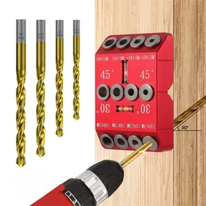 30 45 90 Degree Angle Drill Guide Jig for Hand Drill, Angle Drill Guide for Straight Holes and Angle Drilling, used for Stairs Handrails, Cable Railings, Decks, and Wood Posts Level design，Drill Bit Set, with 4 Bits