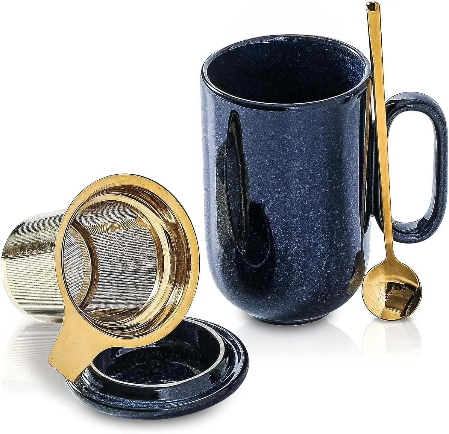 Ceramic Tea Cup Mug Infuser - VICRAYS 16 oz Large Loose Steeping Hot Handle Teacup with  Leaf Infuser Spoon Lid - Blue Tall Glazed Strainer Coffee Mug Microwave Safe - Blue Drinkware , Tumbler, Reuse, Washable, Reusable, Drink