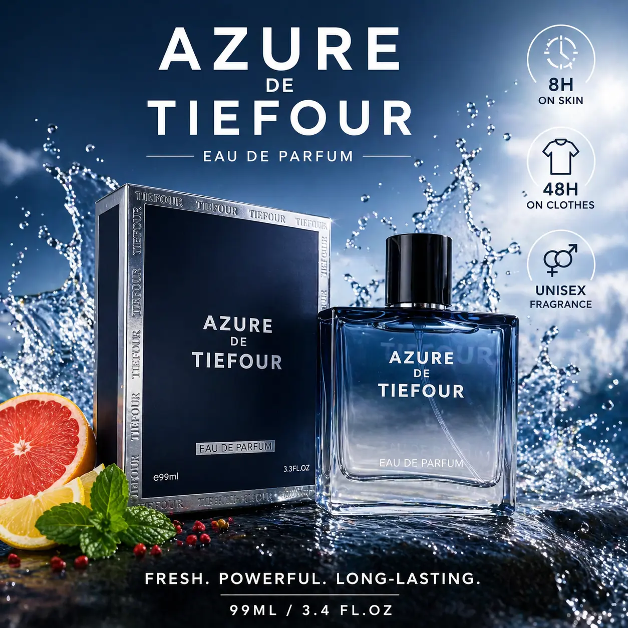 Tiefour Blue Storm Unisex Eau de Parfum, Marine Woody Notes, 99ml/3.35oz, with Lemon, perfume para hombres,Jasmine & Amber, Bold French Fragrance for Men and Women, Luxury Gift,summer fragrance men,pheromone perfume,long lasting perfume