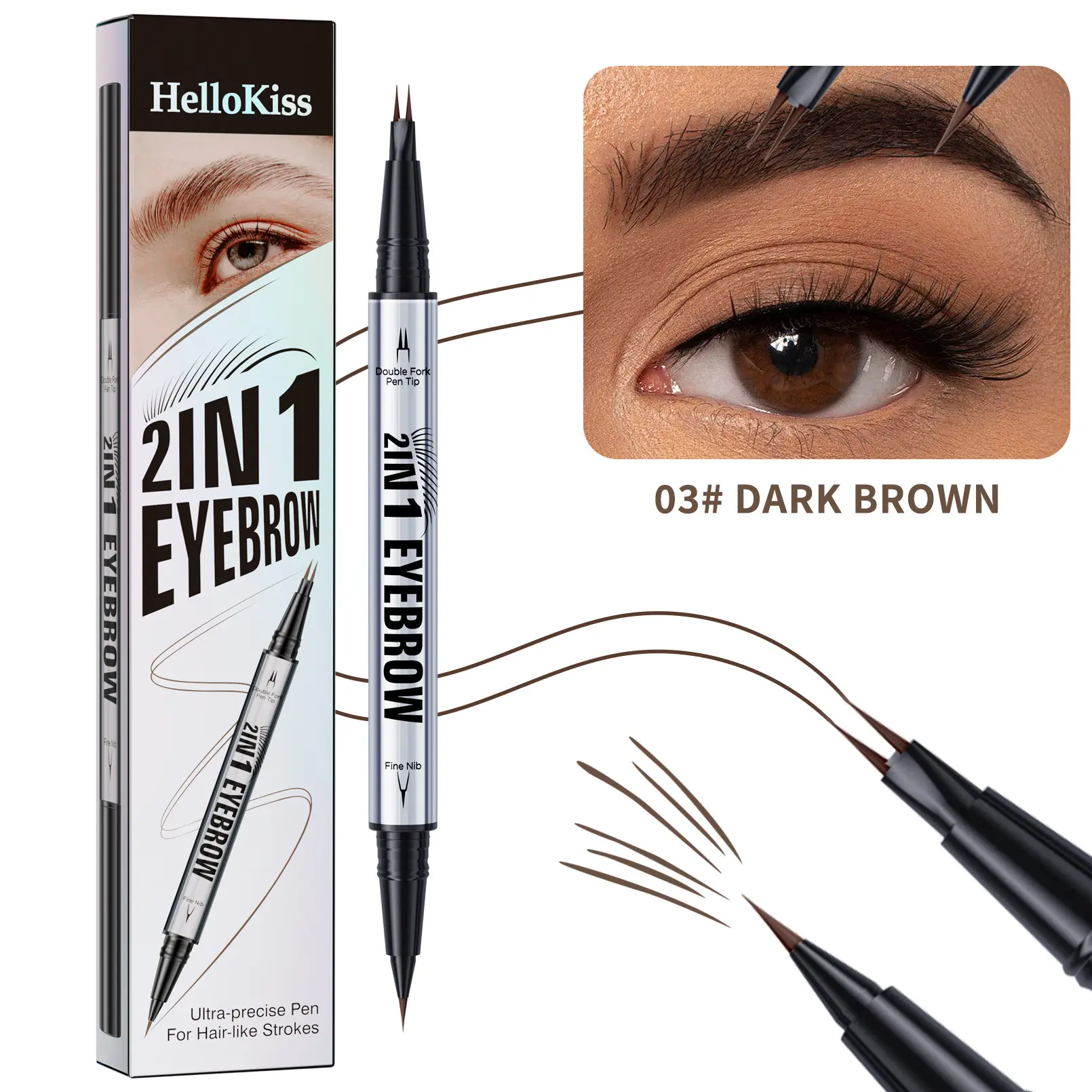 Dual Tip 2-IN-1 Microblading Eyebrow Pen 2-Prong Fork Liquid Brow Pen Waterproof Smudge-Proof Oil Resistant Natural Hair-Like Brows Dual-End Precision Fine Nib Defined All Day Brows Dark Brown Shade Long Lasting Makeup Cosmetic