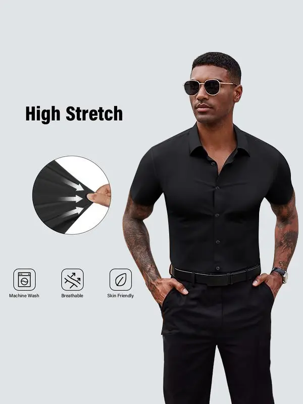 Royaura Men's Slimfit Shortsleeve Button Down Shirt | 4-Way Stretch, Wrinkle-Free & Moisture-Wicking Casual Menswear, Button Down Shirts