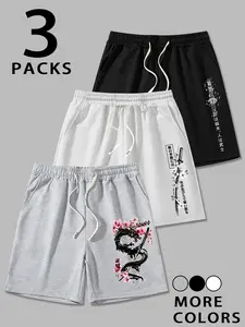 Men's 3-Pack "Tokyo Samurai" Japanese Art Shorts Set - Katana, Dragon & Cherry Blossom Print Black, White & Gray Drawstring Shorts, Oriental Streetwear Bundle with Kanji Accents, Soft Breathable Cotton Blend Loose Fit Casual Athletic Shorts