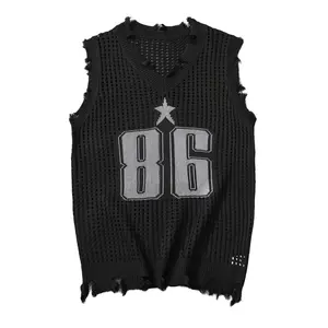 Grandclad Men's Knitted Openwork Distressed Pullover Sleeveless Vest with "64" Graphic Summer Knitwear Street Style Athletic Menswear Mesh Fabric Ripped Print