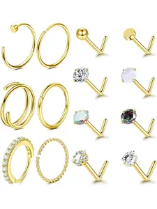Hypoallergenic Gold Filled Nose Rings Studs 20G 316L Steel Nose Ring Gold L Shaped Nose Studs Hoop Nose Rings Set for Women Men Simulated Diamond Nose Piercing Jewellery(14Pcs)