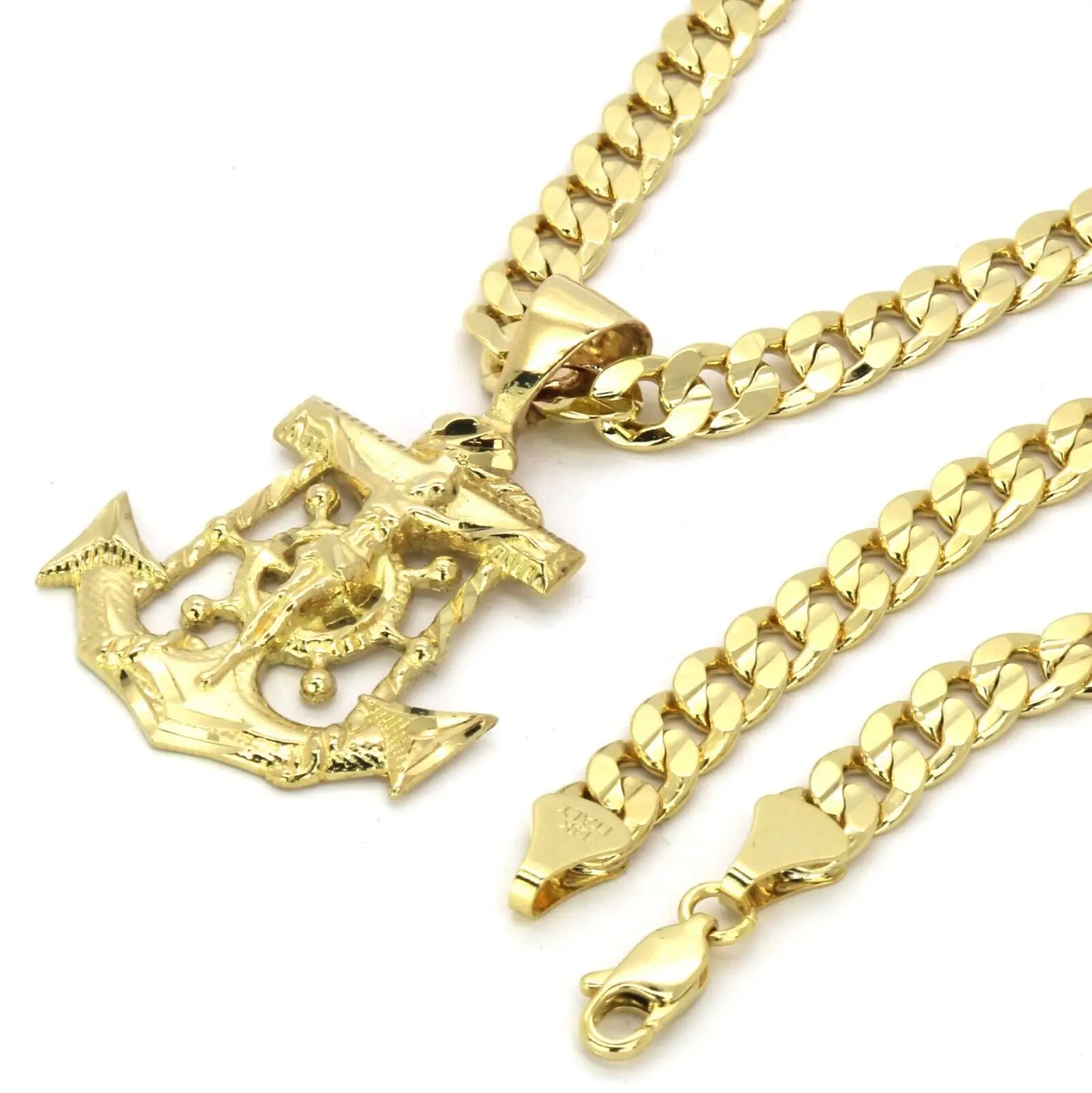 MaxBling81 Gold Plated Jesus Anchor Pendant Necklace with 14K Stamped 5mm 20"-24" Brass Cuban Chain, Hip Hop Style Religious High-End Fashion Jewelry, Gold Plated Necklace