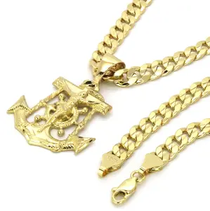Jesus Anchor Pendant & 14K Stamped 5mm 20" 24" Brass Cuban Chain Hip Hop Style Religious High-End Necklace Fashion Jewelry
