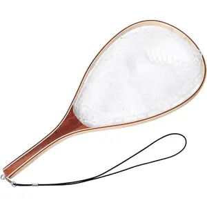Fly Fishing Net, Wooden Frame Fishing Landing Net, Soft Rubber Mesh Net for Trout Bass Catch and Release, White