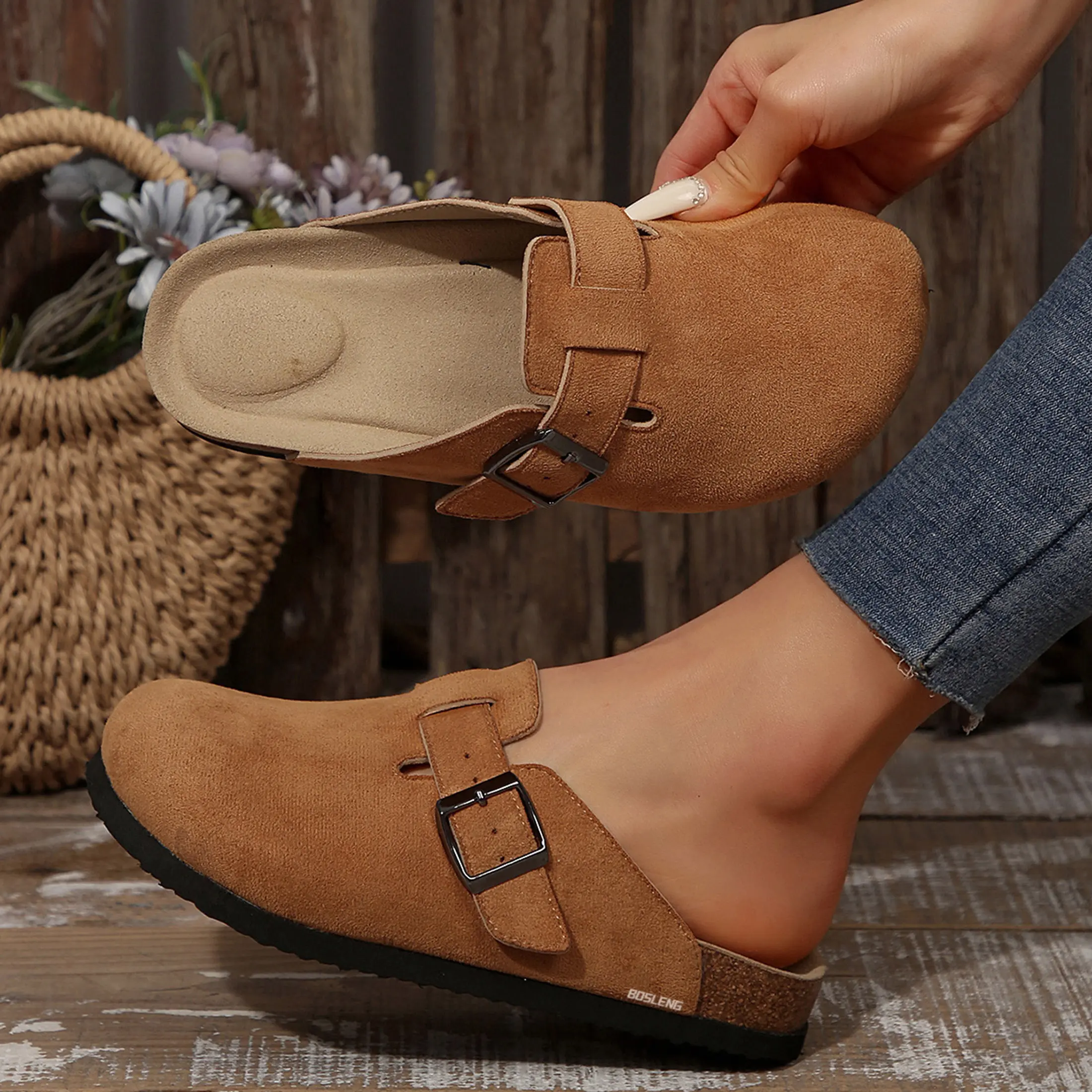 Women's Suede Clogs Mules Slippers Metal Buckle Round Toe Cork Footbed Slip On Winter Indoor Outdoor Casual Walking Shoes
