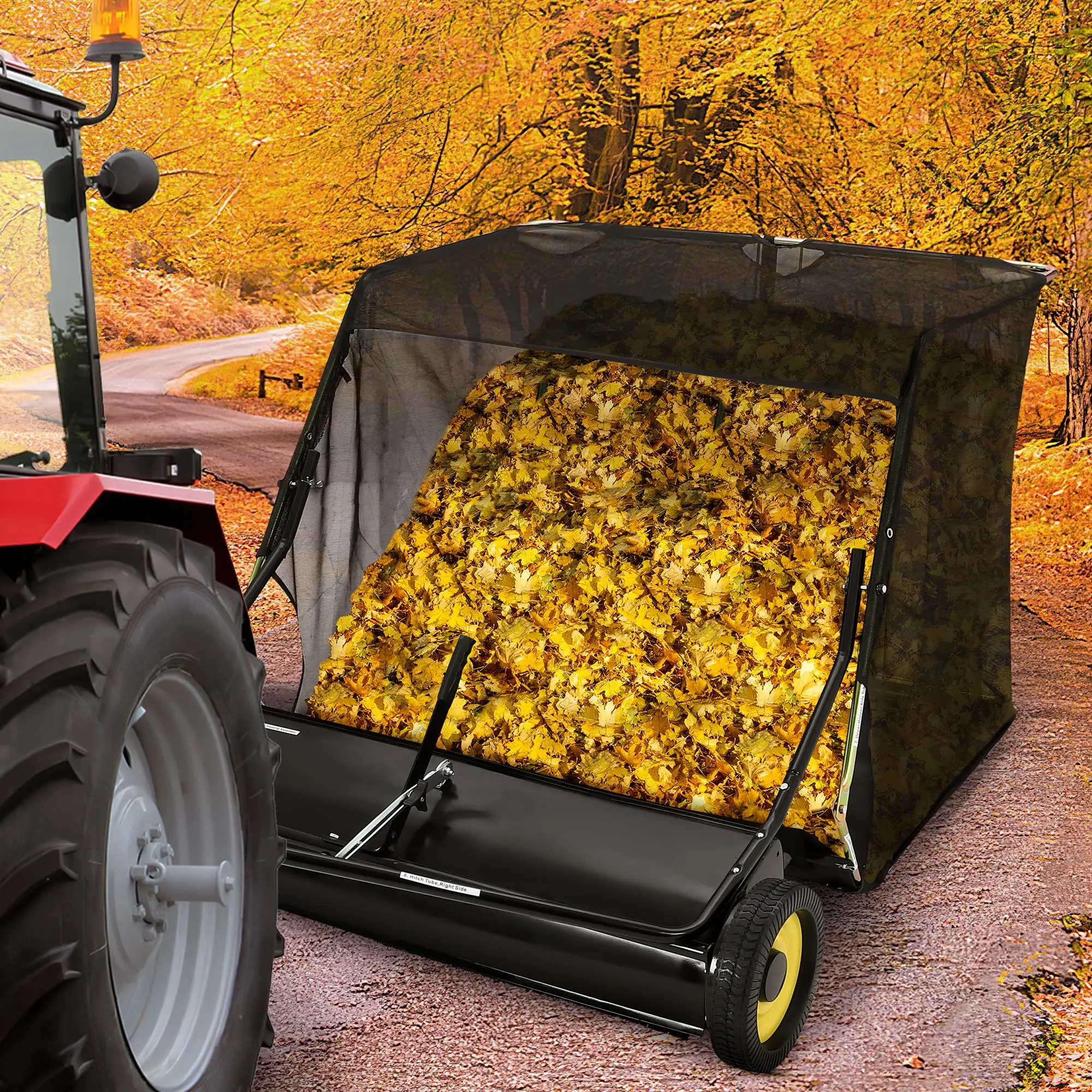 Garvee 52" Tow-Behind Garden Tool Lawn Sweeper, 27 cu. ft Capacity, Adjustable Sweeping Height, Dumping Rope for Efficient Leaf & Grass Collection