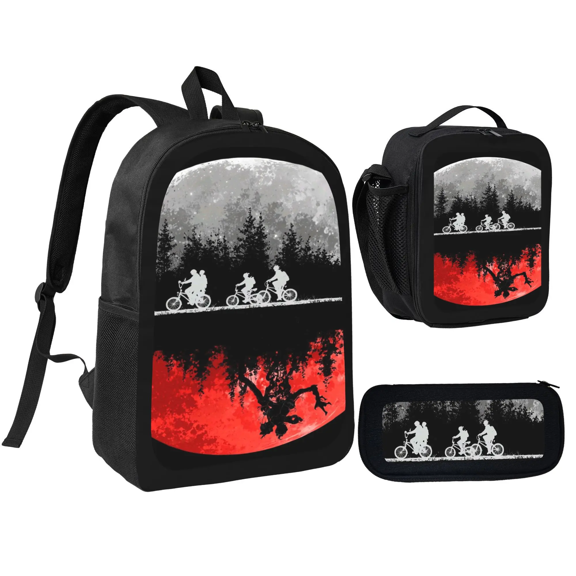 Netflix Stranger Things Retro Sci-Fi Print 3-Piece Teen Backpack Set - Black Functional Backpack, Pencil Case, Lunch Bag, Ultimate Adventure Theme Luggage, Set Pack