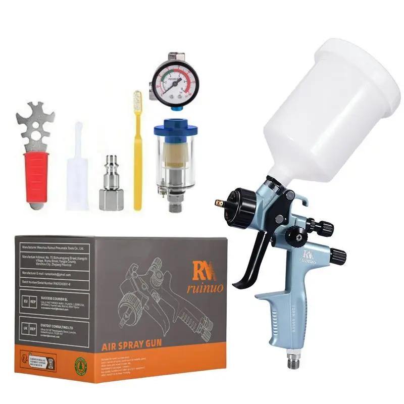 Professional Car Spray Gun Blue Hvlp Gravity Feed Air Paint Gun with Filter and Pressure Gauge, 1.3mm Nozzle 600cc Cup High Mist Sprayer Paint Spraying Tool Paint Sprayers