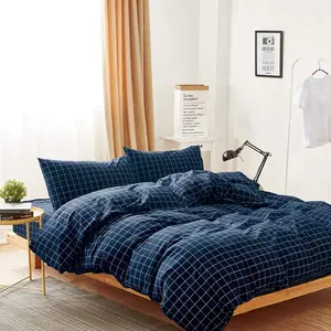 - Grid Cotton Duvet Cover Set, Plaid Checkered Geometric Farmhouse,  Washed Cotton Textured Percale Beddg Set, 3 count, Navy Blue, Full Size